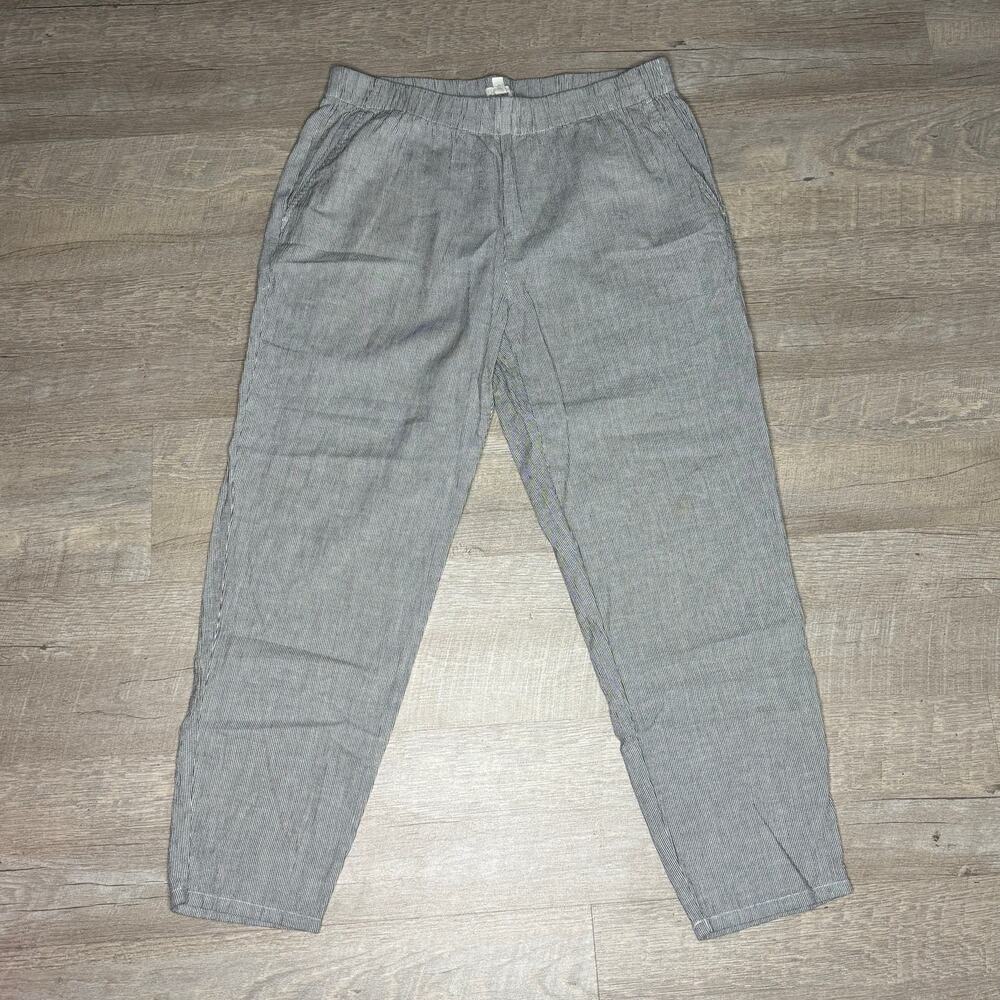 Eileen Fisher Black White Organic Cotton Linen Ticking Stripe Ankle Pants Size M